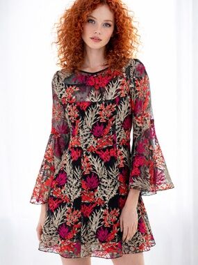 JAYGODFREY Black Mini Dress with Pink, Red & Cream Floral Embroidery